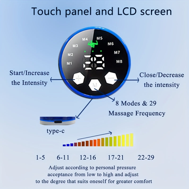Массажный пояс с USB-зарядкой, 8 режимов и 29 уровней интенсивности. Интеллектуальное таймерное управление, подходит для домашнего массажа и является отличным подарком. Можно использовать по всему телу.