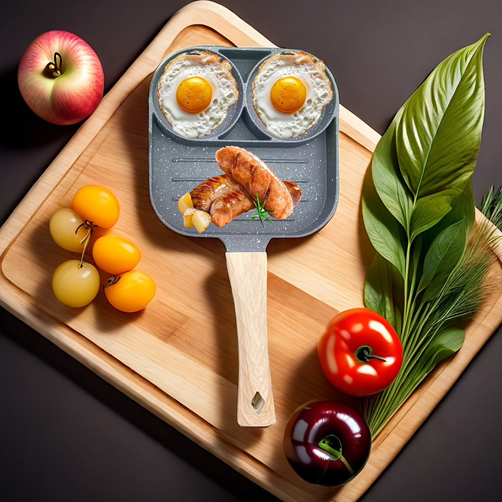 Sartén de aluminio antiadherente para omelette con 2 huecos para huevos y sección de parrilla