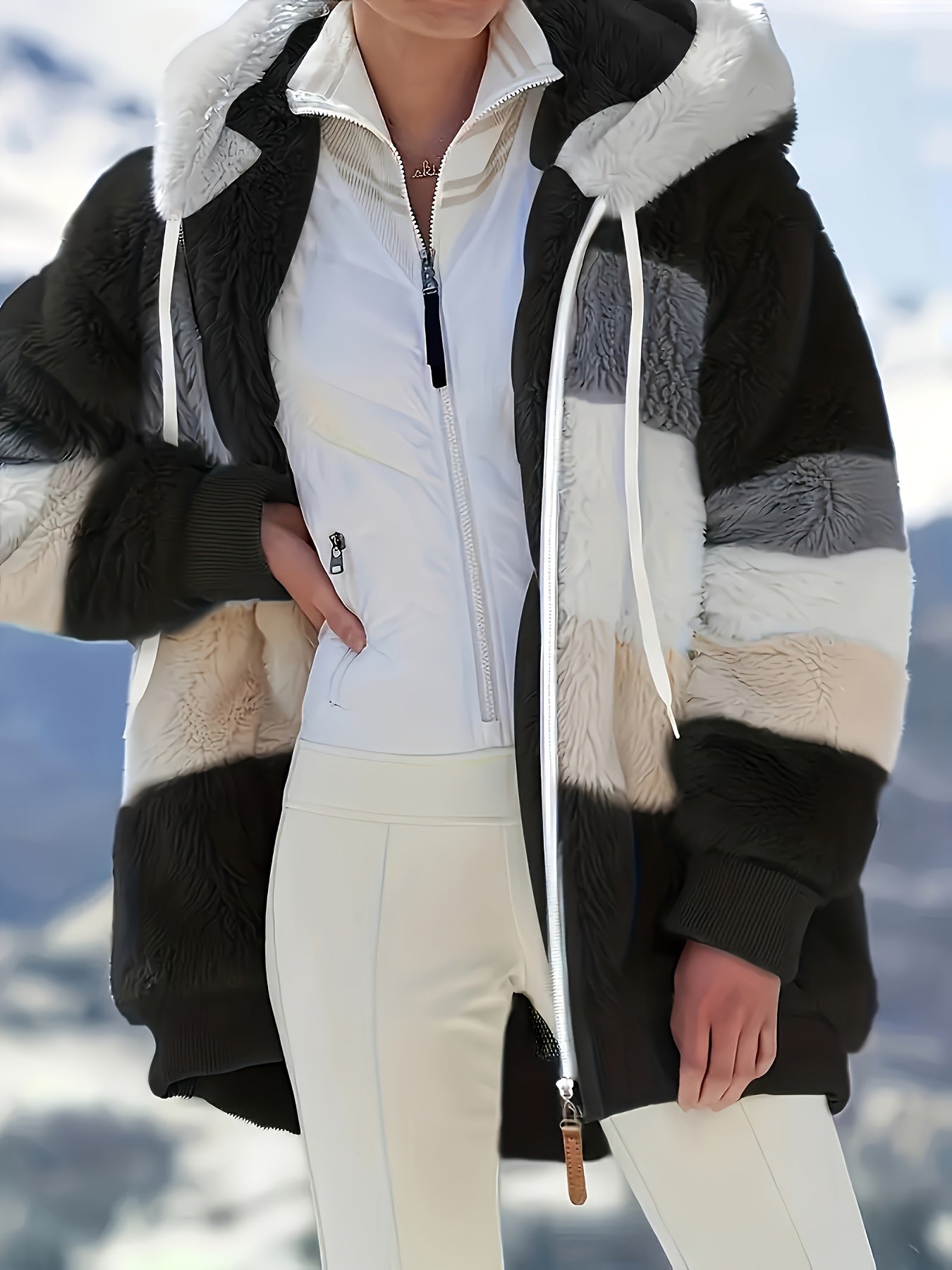 Women's Hooded Knit Hoodie Jacket with Geometric Pattern for Fall and Winter