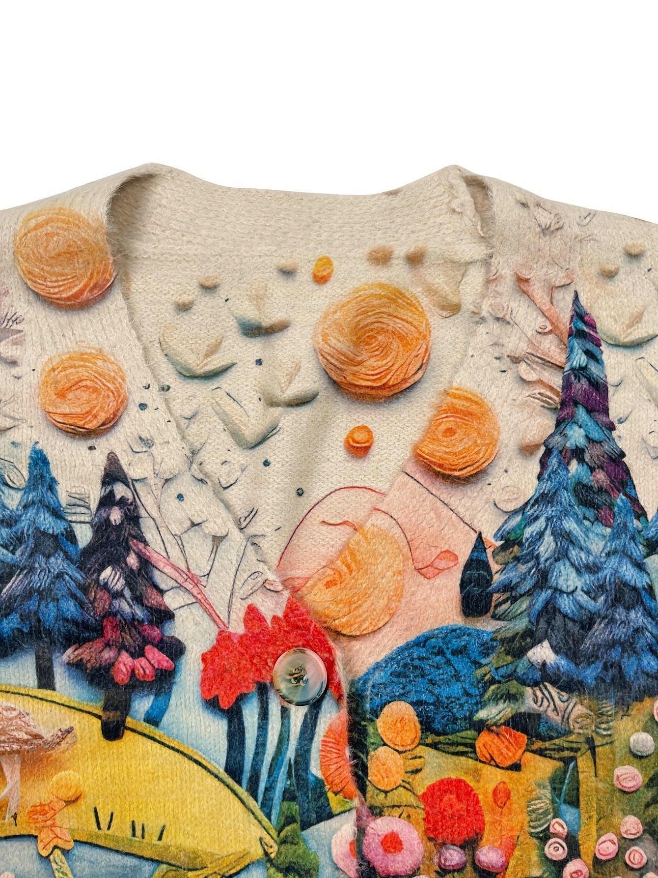 Plus Size Knitted Effect Cardigan with Rabbit Design V-Neck Long Sleeve