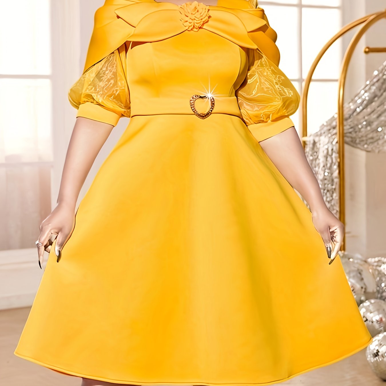 Women's Mustard Yellow A-Line Midi Dress with Petal Sleeves Belted Waist