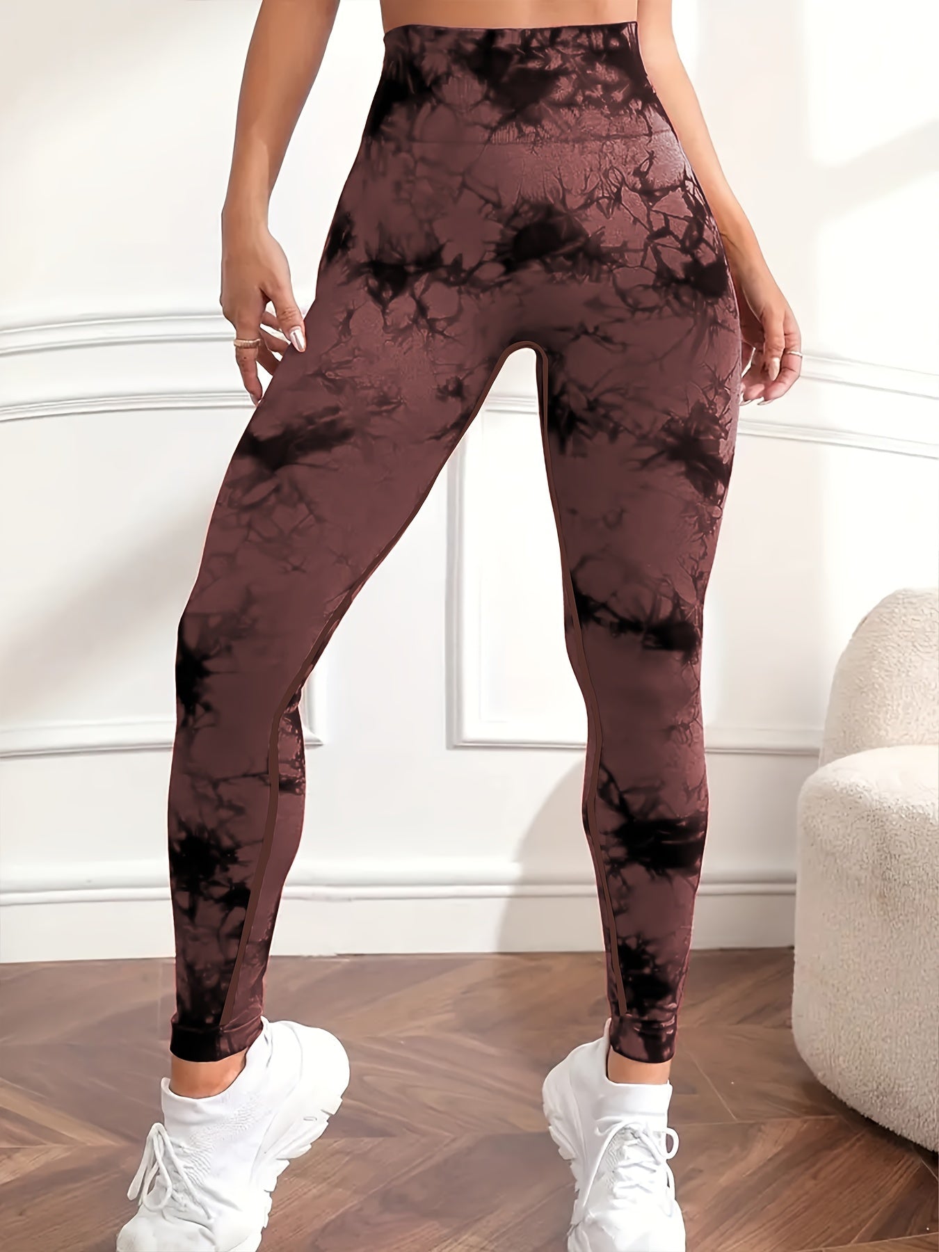 Women's High-Waist Peach Tie-Dye Yoga Leggings Seamless Breathable Nylon Elastane