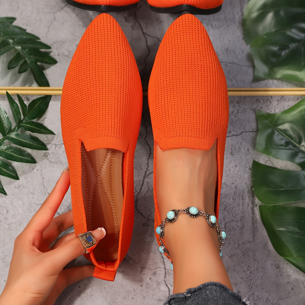 Women’s Slip-On Knit Pointed Toe Shoes Breathable Fabric All-Season Comfort