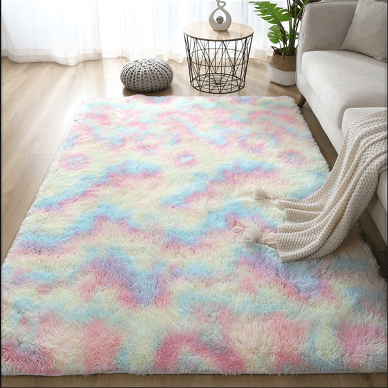 Alfombra de felpa ultra suave con teñido tie-dye para dormitorio o sala de estar, lavable a máquina