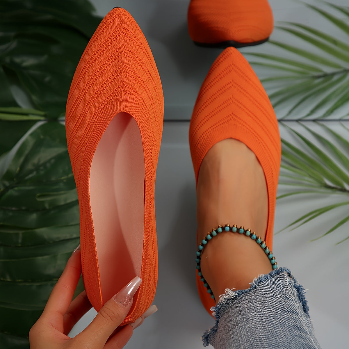 Women's Knitted Slip-On Ballet Flats with Pointed Toe Solid Color Casual All-Season