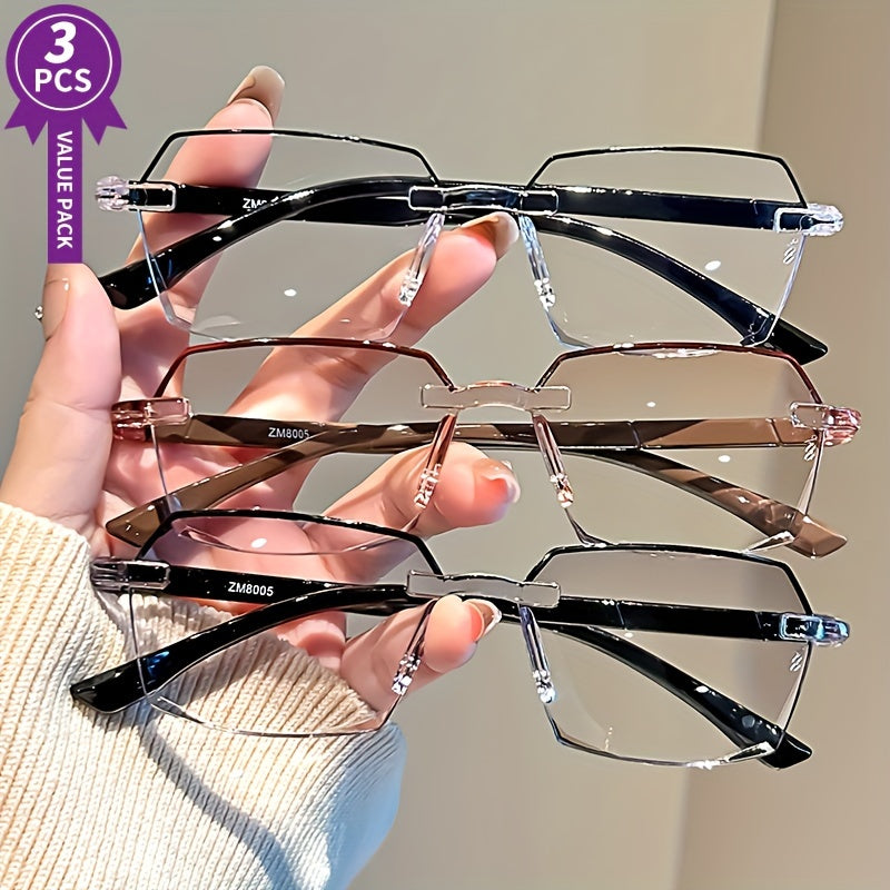 Unframed Rectangular Reading Glasses 3 Pairs Lightweight Comfortable Diopter +1.0 to +4.0