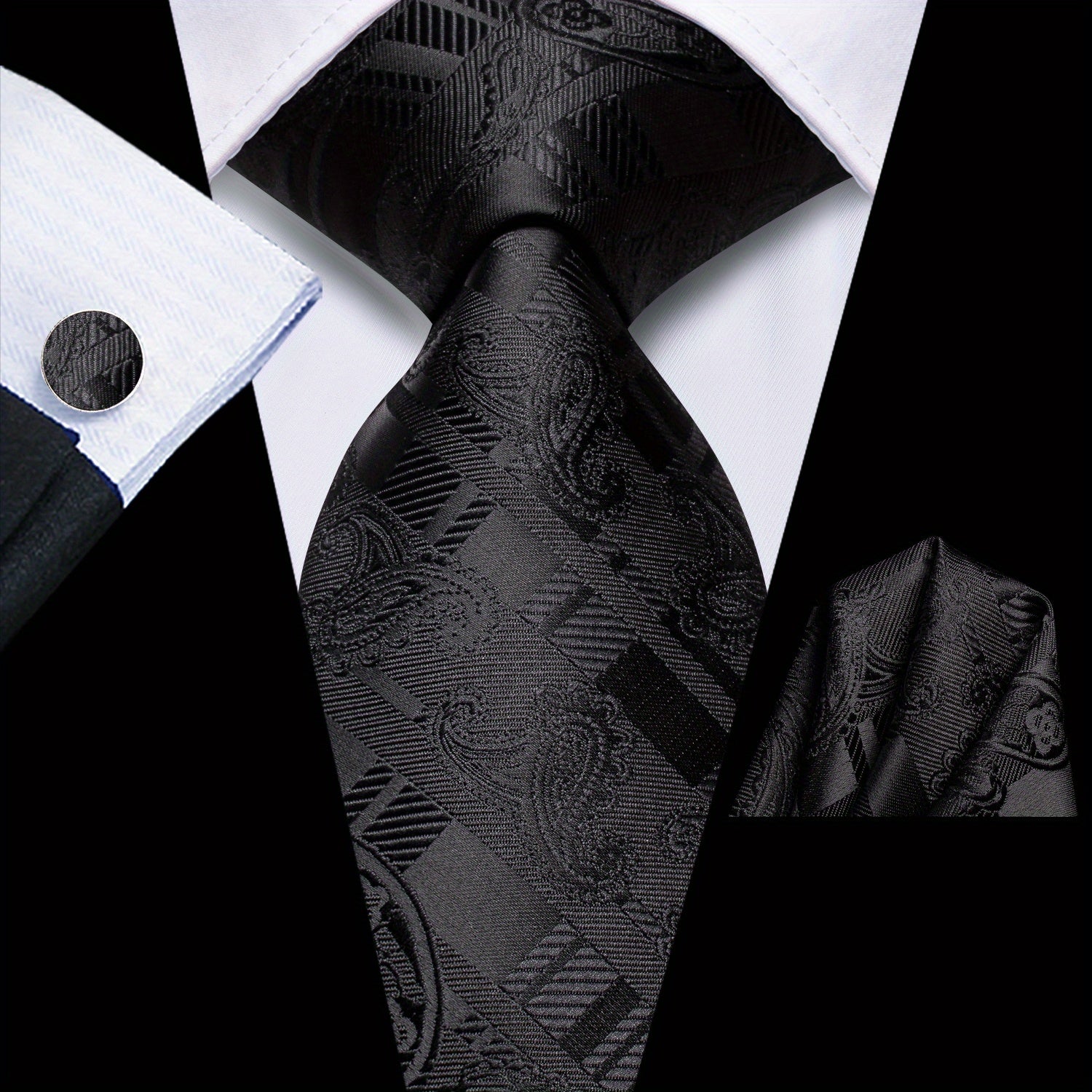 Men's Jacquard Woven Black Tie Set with Cufflinks and Hanky for Weddings and Business