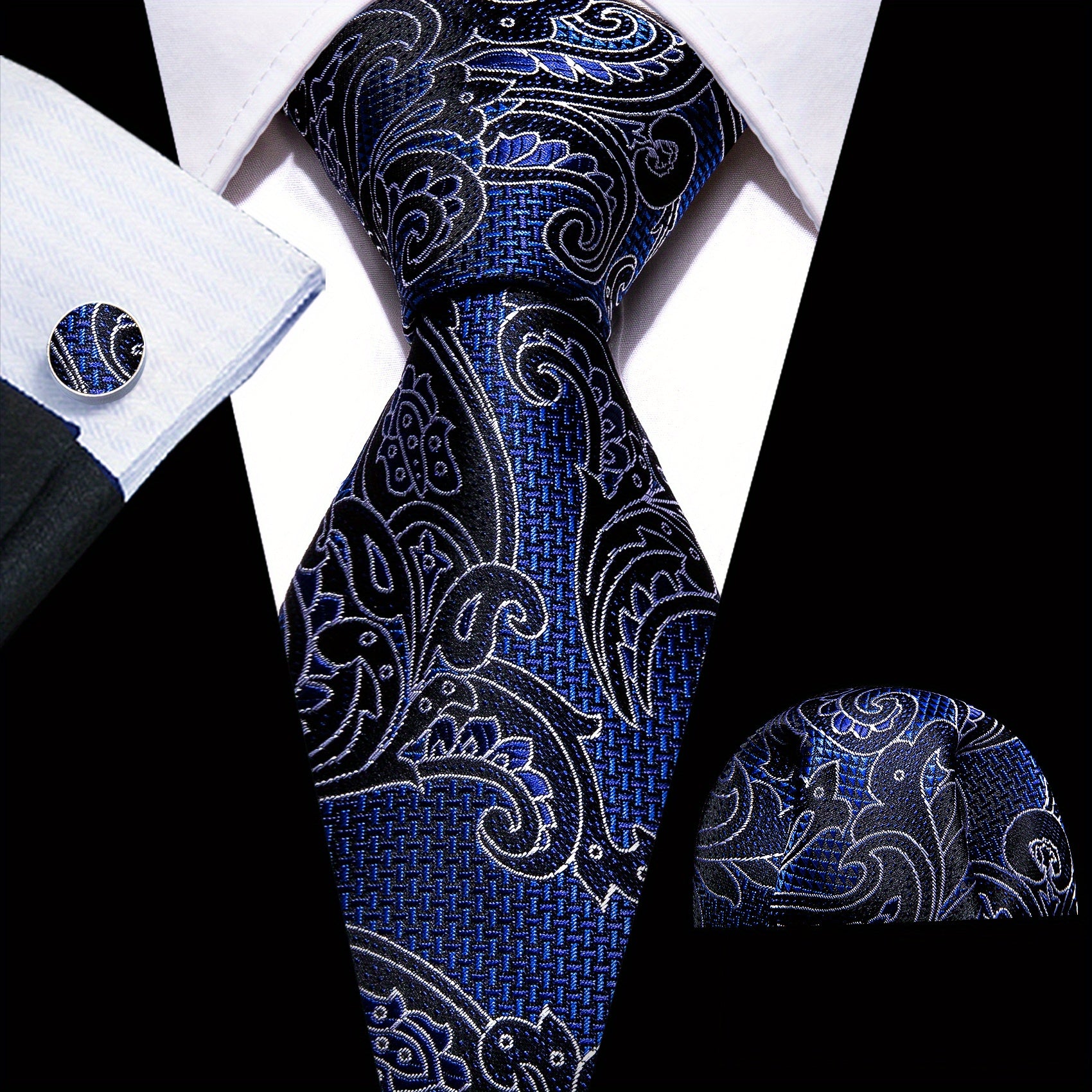 Men's Green Paisley Jacquard Tie Set with Pocket Square and Cufflinks for Weddings and Parties