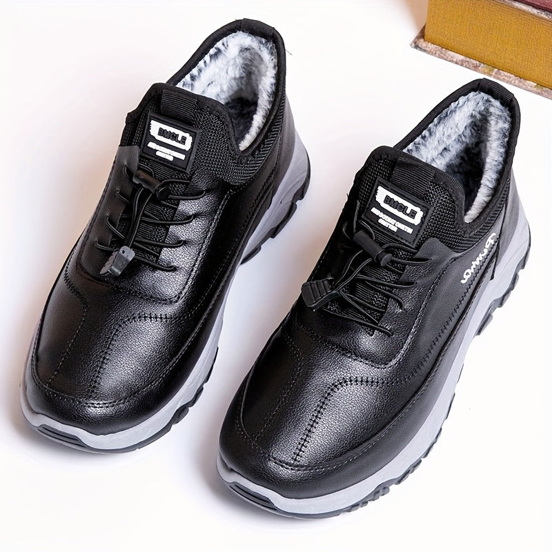 Men's Black Gray Fleece-Lined Slip-Resistant Winter Boots Rubber Sole Casual