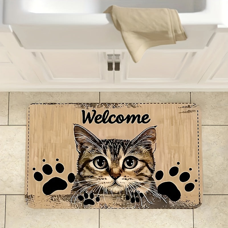 Charming Cat Welcome Mat Bardoshli Polyester Rug Slipperga qarshi Oson tozalash uchun yashash xonasi