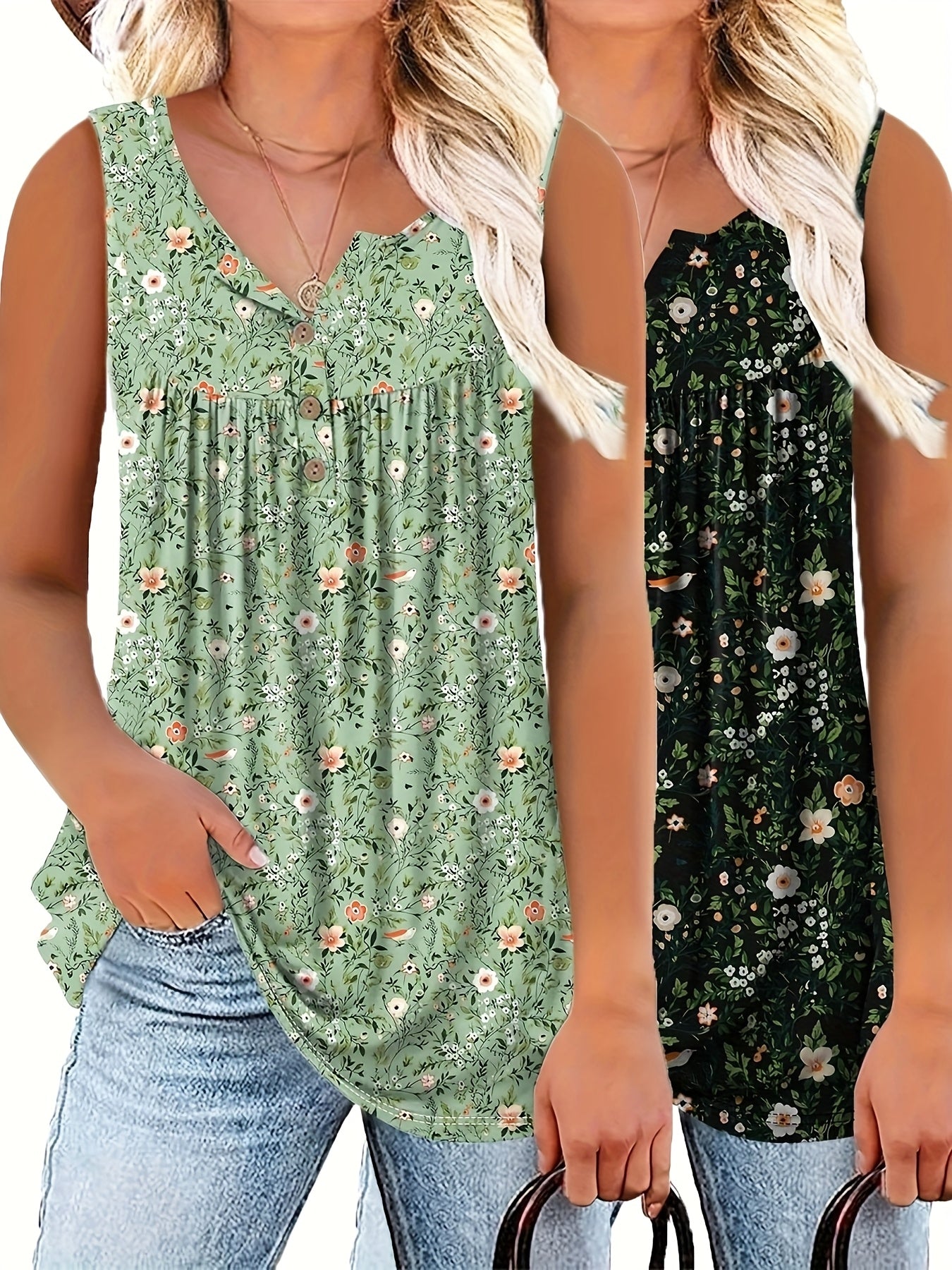 Women's Two-Piece Set V-Neck Cardigan T-Shirt Floral Print Casual Wear
