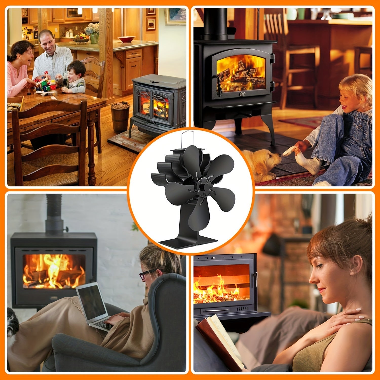 5-Blade Wooden Stove Fan for Log Burners Quiet Air Circulation Home Use