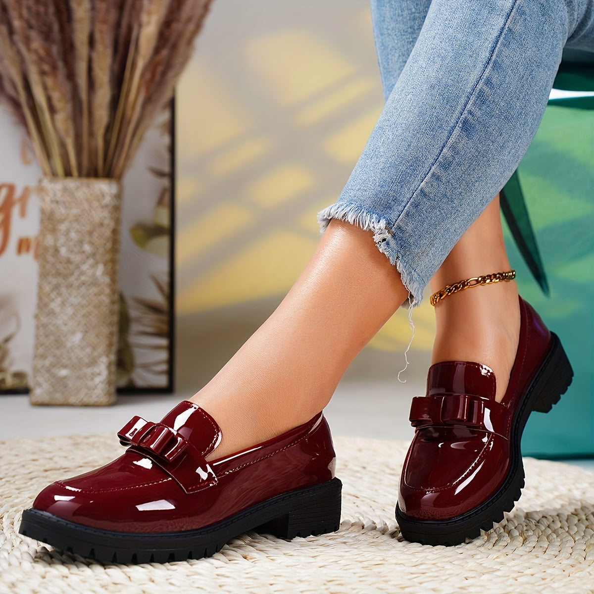 Women's Brown Glossy Bow Slip-On Loafers with Rubber Sole for All-Season Comfort
