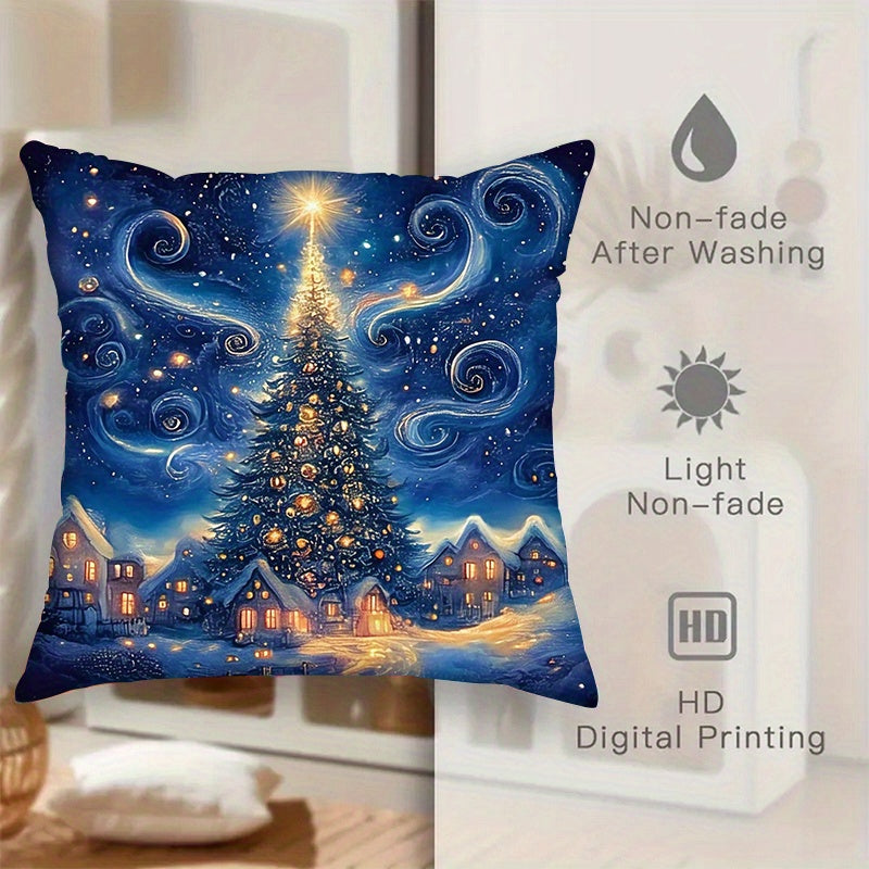 4-Piece Christmas Throw Pillow Cover Set Night Sky Tree Festive Home Decor