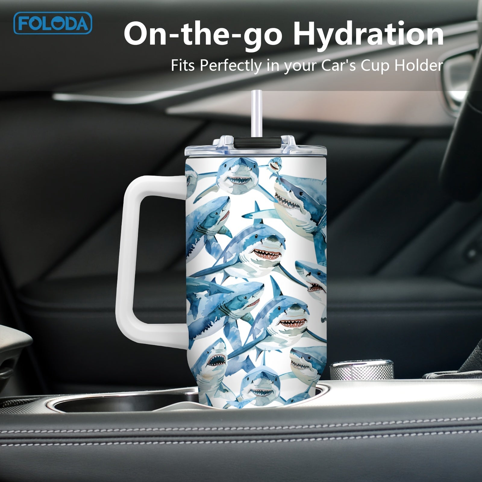 40oz Insulated Stainless Steel Tumbler with Handle Blue Shark Design for Outdoor Use