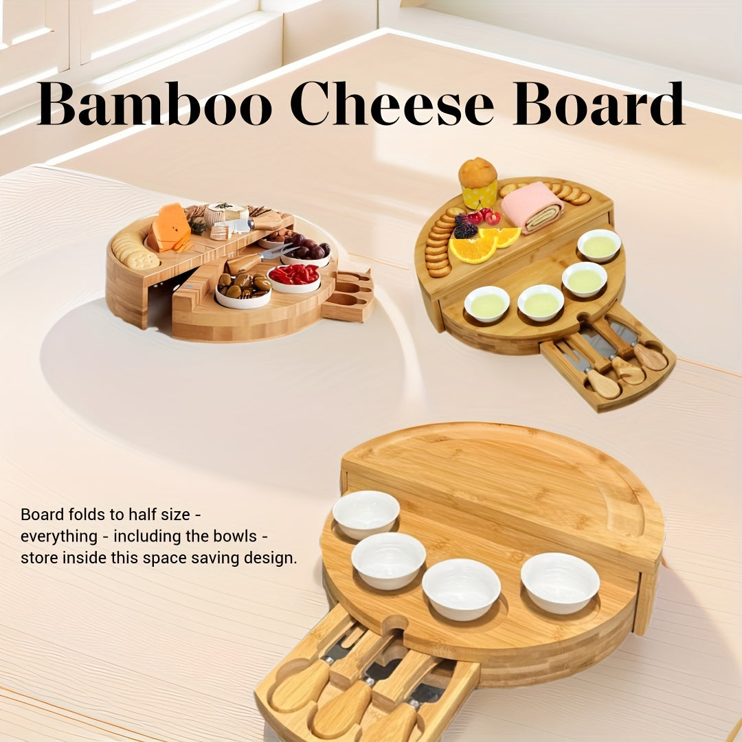 Bamboo Cheese Board Set with Slide-Out Drawer and Foldable Storage for Entertaining