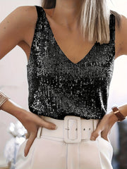 Women's Sequin V-Neck Tank Top Sleeveless Spring Summer Fall Chic Top
