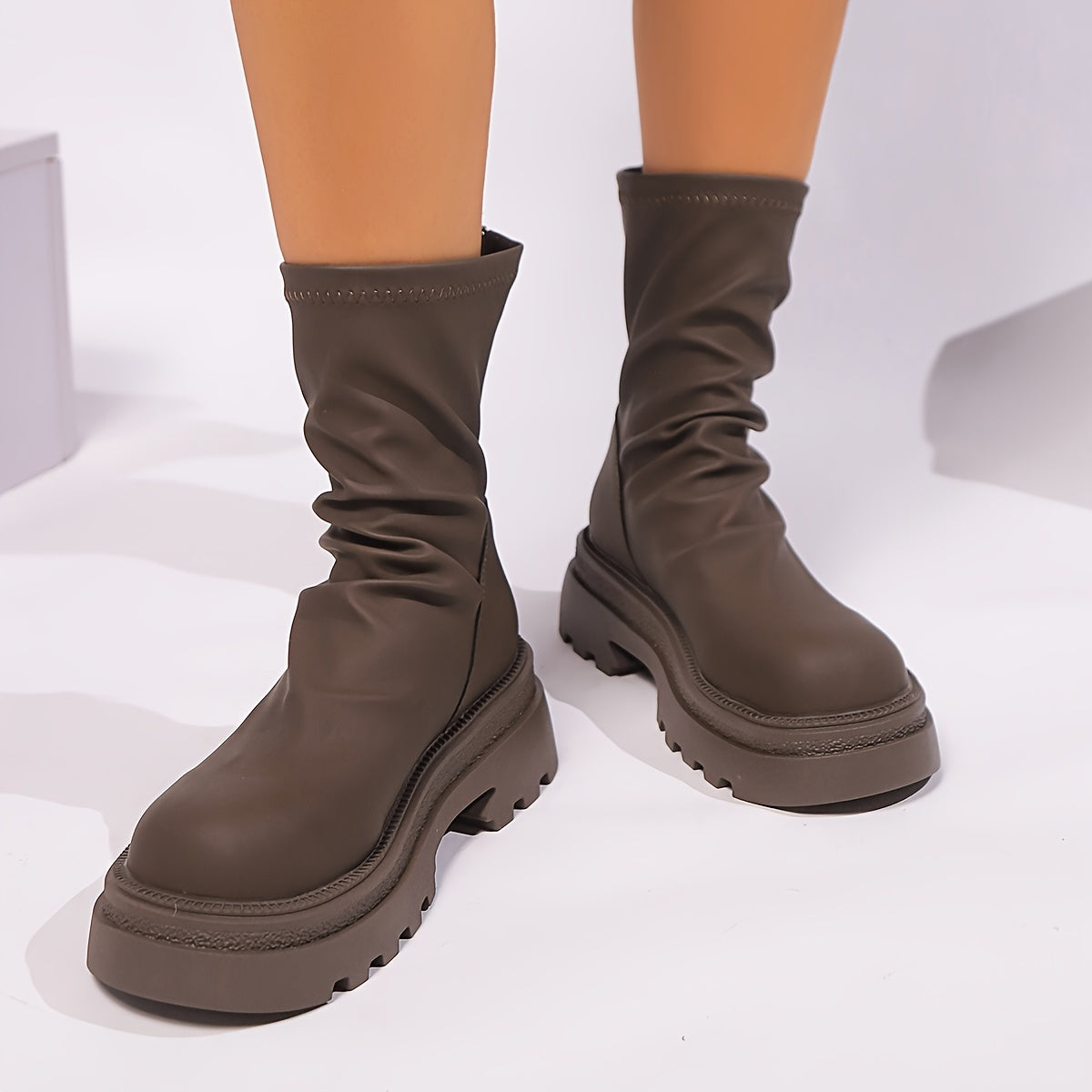 Women Chunky Platform Ankle Boots Faux Leather Cushioned Sole Black