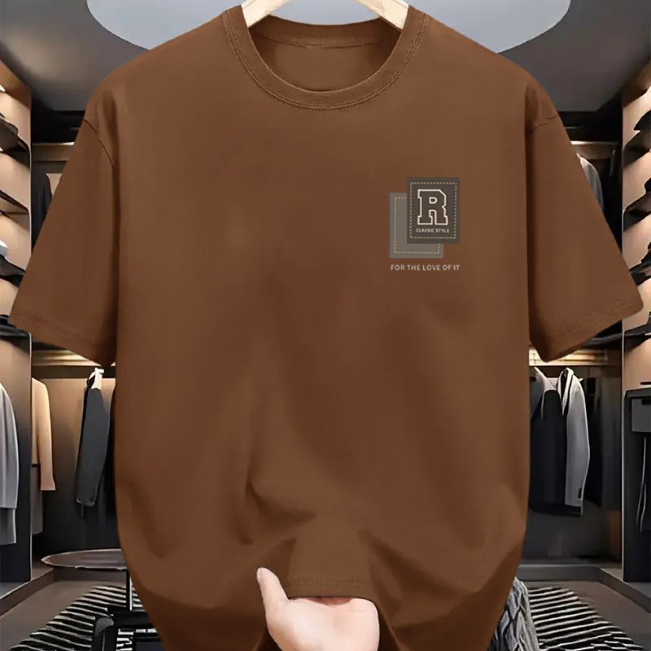 Men's Cotton Casual T-Shirt with R Print Crew Neck Short Sleeve All-Season