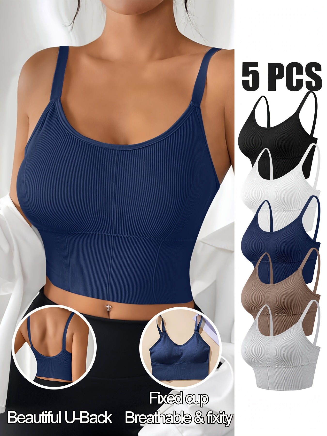 Women's Plus Size Ribbed Sports Bras Tank Tops 5 Pack Backless Wire-Free