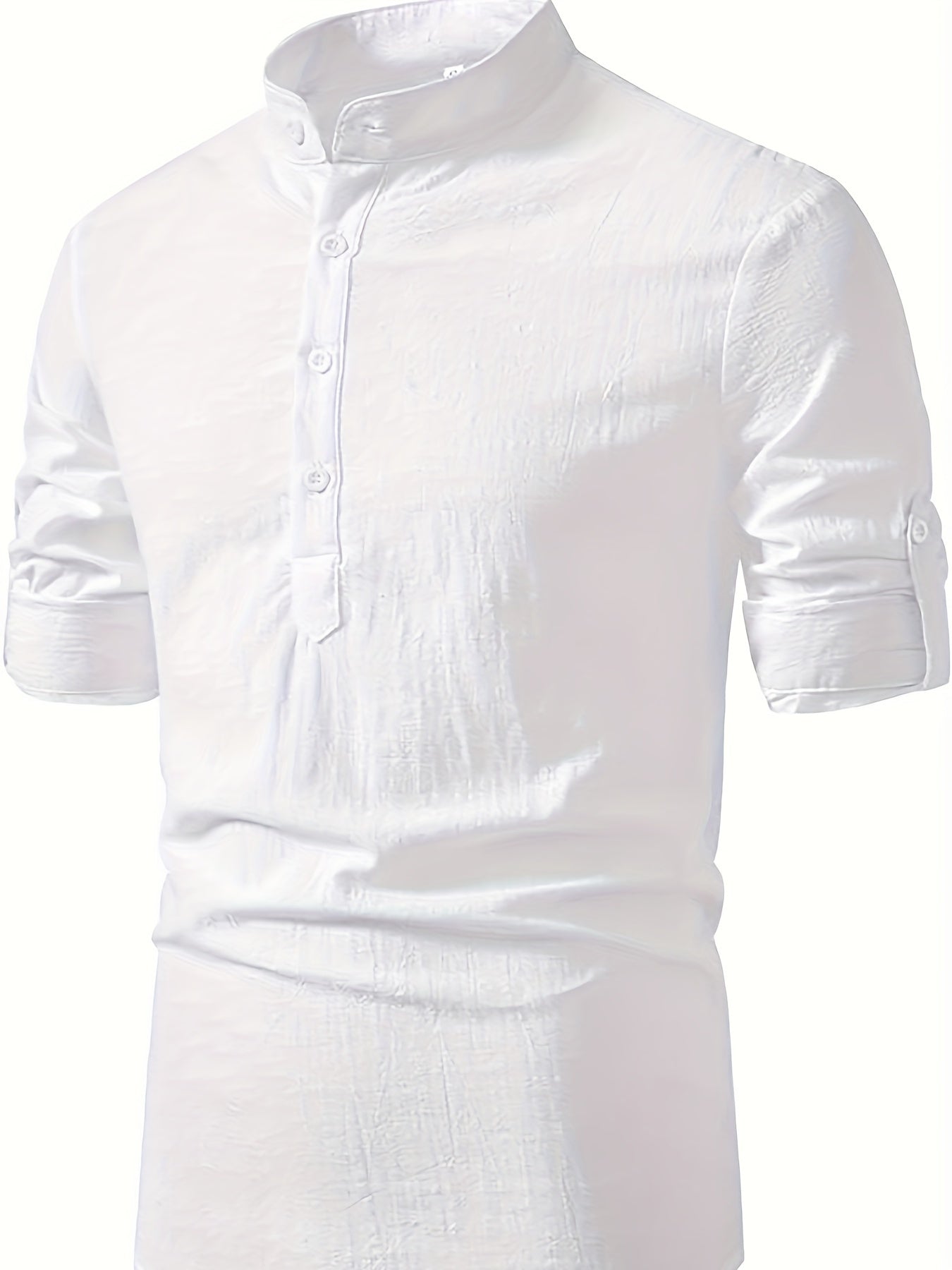 Men's Beige Linen Henley Shirt with Stand Collar Split Sleeves Regular Fit for Spring Fall