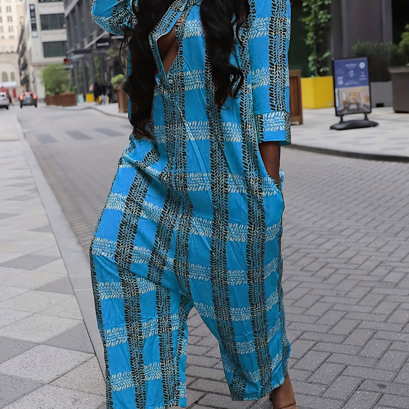 Plus Size Plaid Jumpsuit Casual Long Sleeve Button-Front Women‍s Clothing