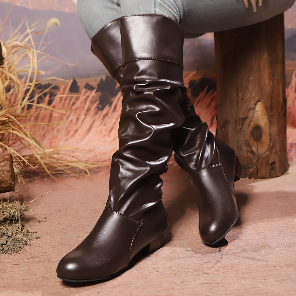 Women's Solid Color Chunky Heel Knee High Boots Slip-On Dress Shoes