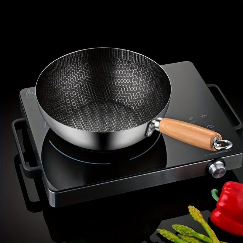 20cm Stainless Steel Non-Stick Wok with Honeycomb Coating and Wood Handle