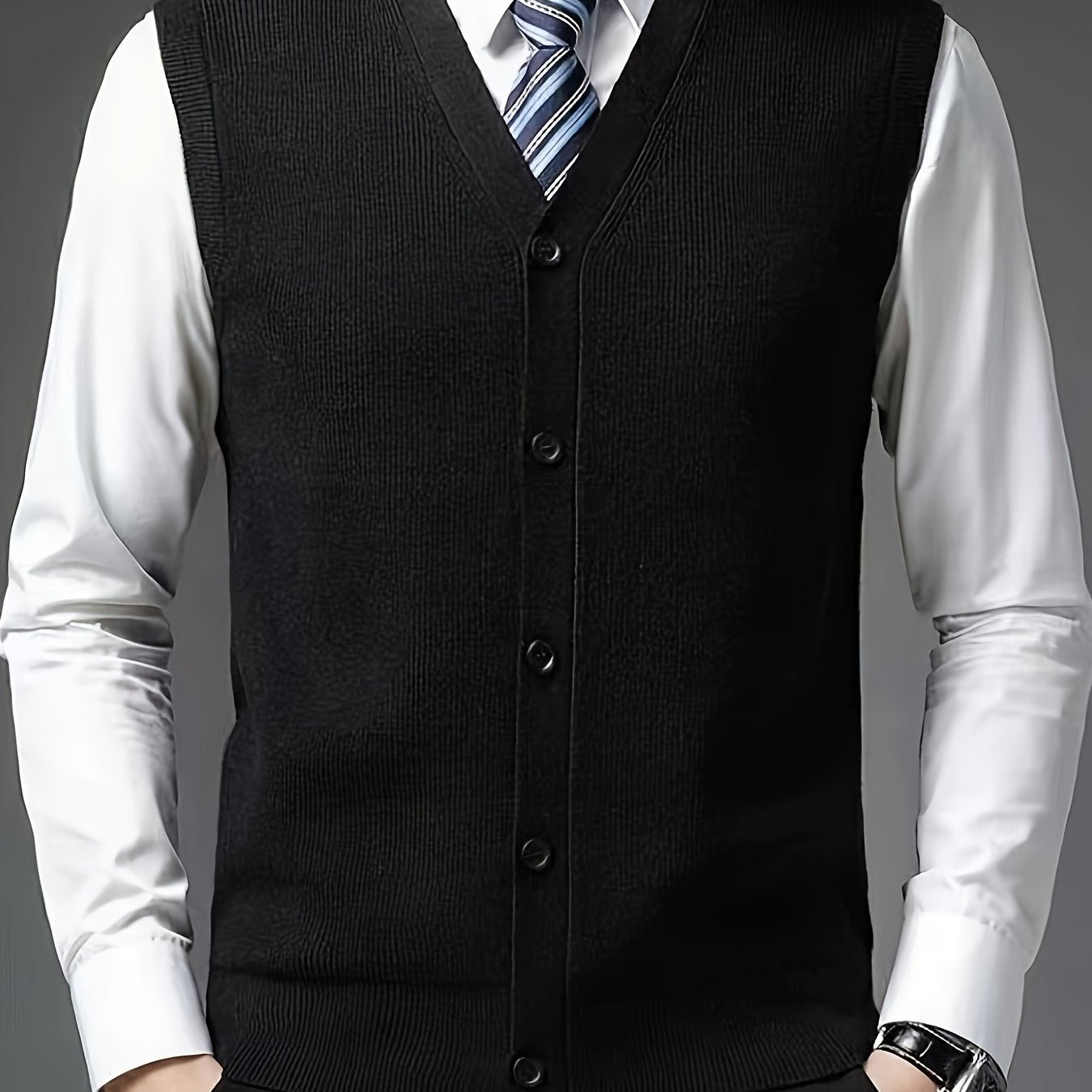Men's Solid Color V-Neck Knitted Vest for Autumn Winter Wool Nylon Layering