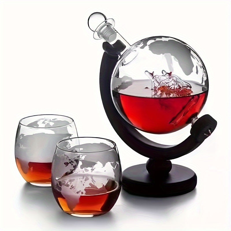 World Globe Whiskey Decanter Set with 2 Glasses Etched Ship Design Gift for Whiskey Lovers