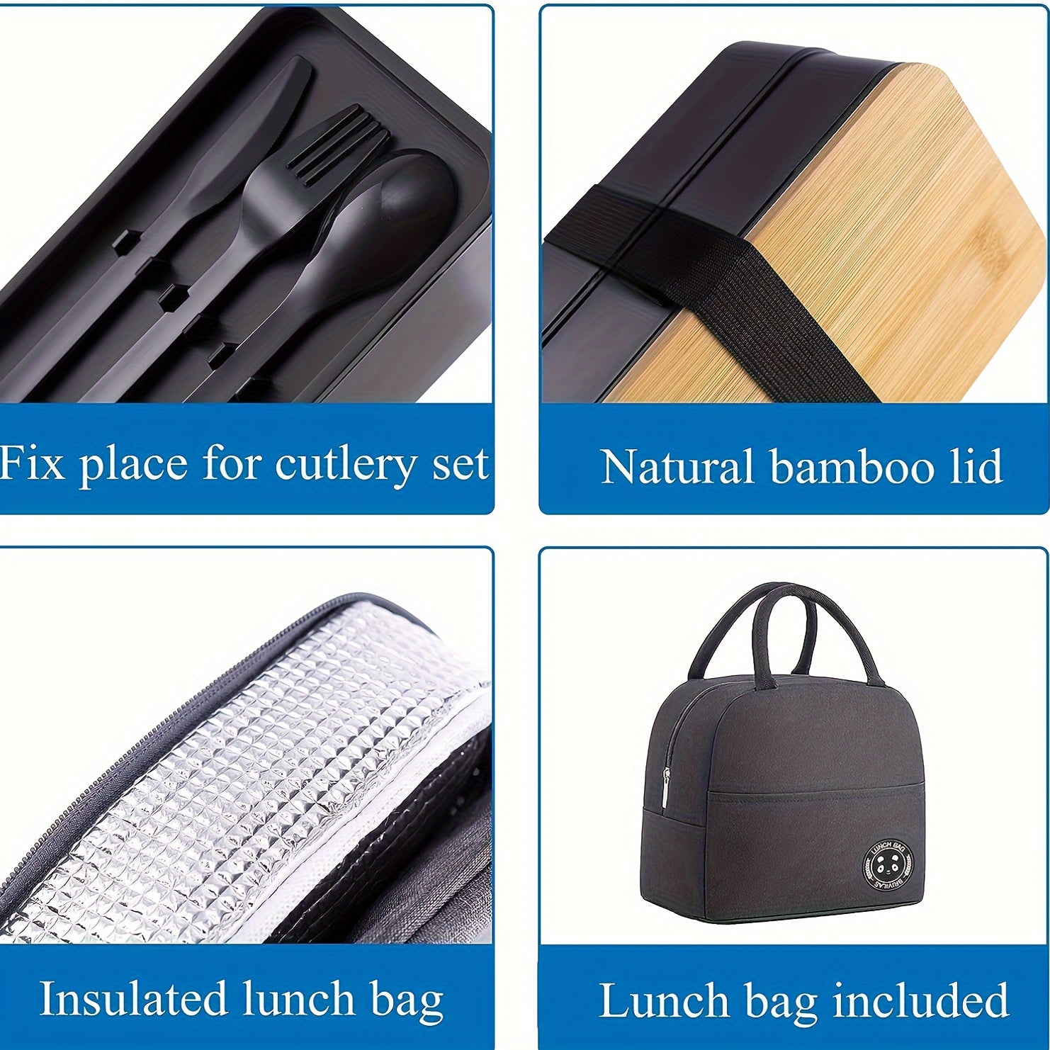 Insulated Bento Lunch Box Set with Leakproof Containers, Bamboo Lids, Dividers