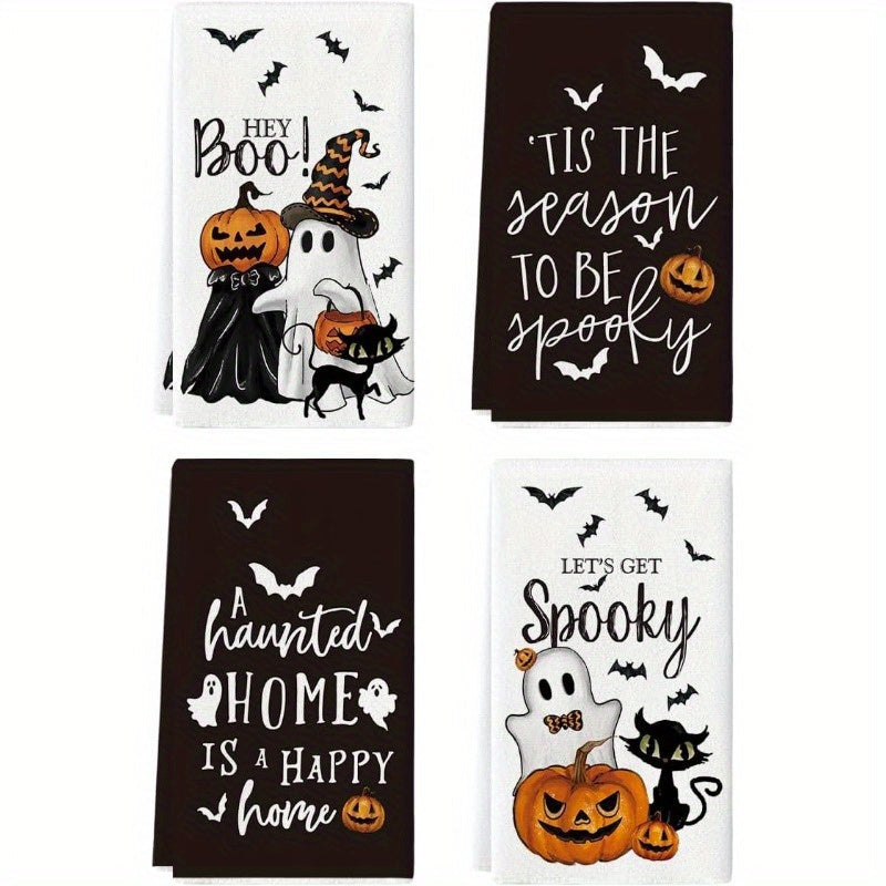 Set of 4 Halloween Kitchen Towels 18x66 cm Ghost Pumpkin Bat Cat