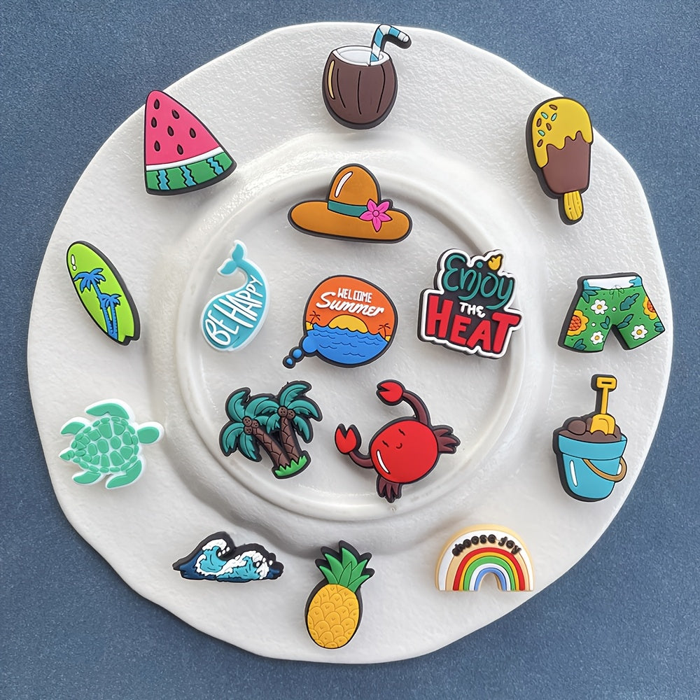 16pcs Summer Beach Shoe Charms PVC Turtle Palm Tree Fruit Sneakers Sandals