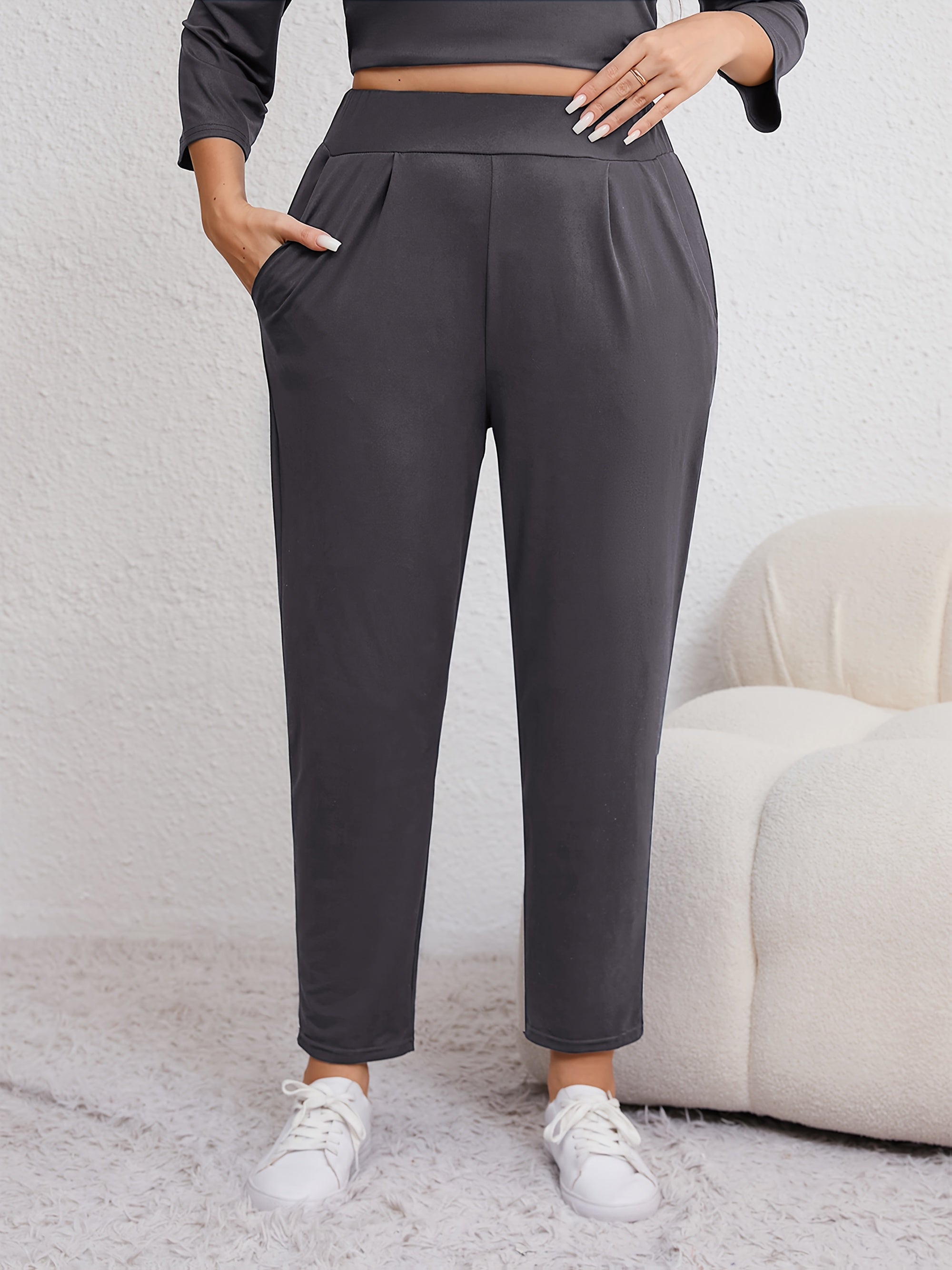 Plus Size Women's Harem Pants with High Elasticity Ruched Waist Pockets for All Seasons
