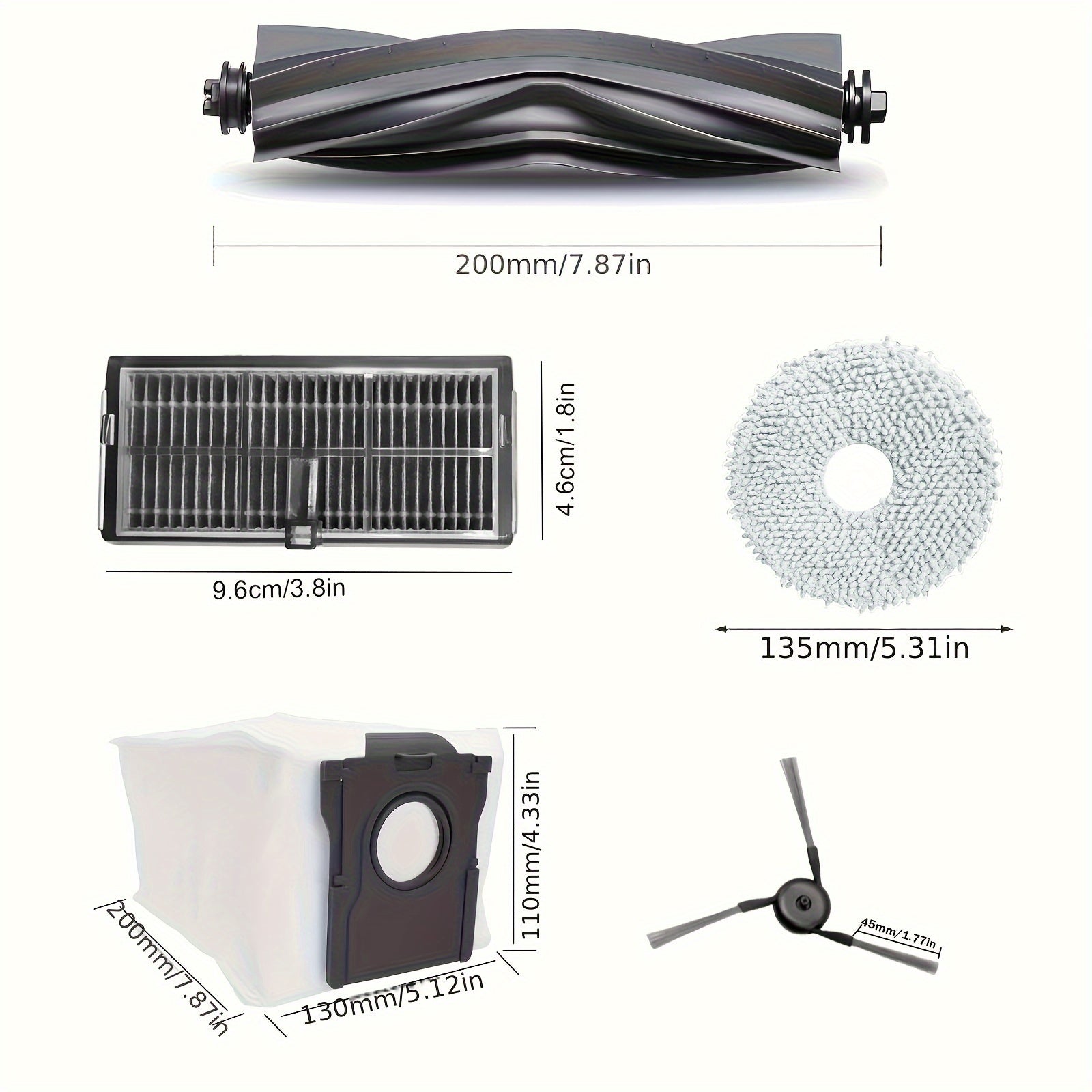 Dream X40 Ultra aksessuarlar to'plami 4 mopa, 6 chang sumkasi, 1 asosiy cho'tka, 4 yon cho'tka, 2 filtr va robot tozalovchingiz uchun almashtirish qismlarini o'z ichiga oladi.