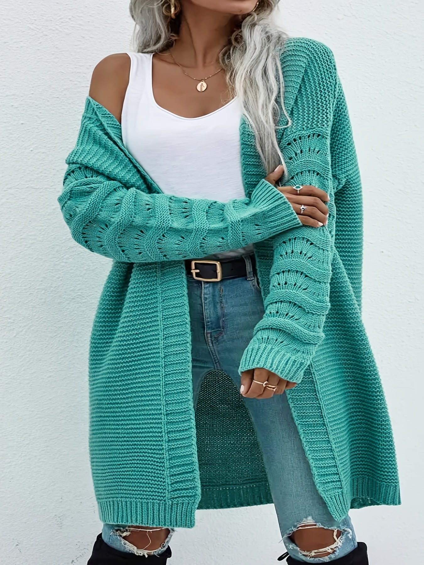 Plus Size Long Cardigan For Women Solid Color Open Front Casual Fall Winter