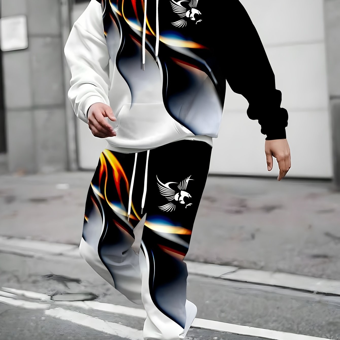 Мужской спортивный костюм большого размера с капюшоном и художественным линийным текстурным принтом