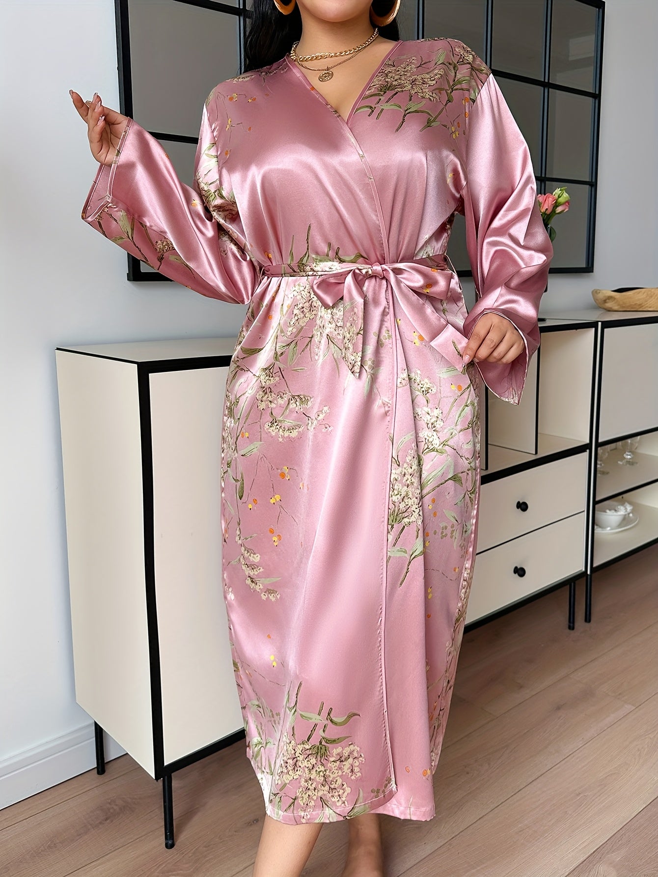 Women Plus Size V-Neck Tie Front Long Robe Floral Print Polyester Lounge Sleepwear