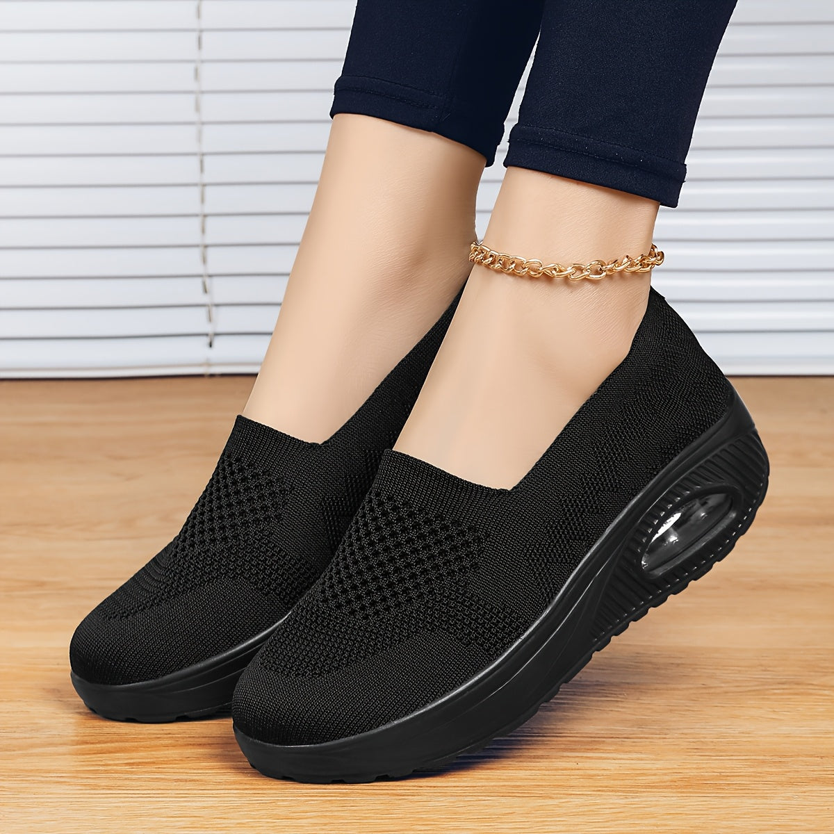 Women's Black Platform Sneakers with Air Cushion Breathable Fabric