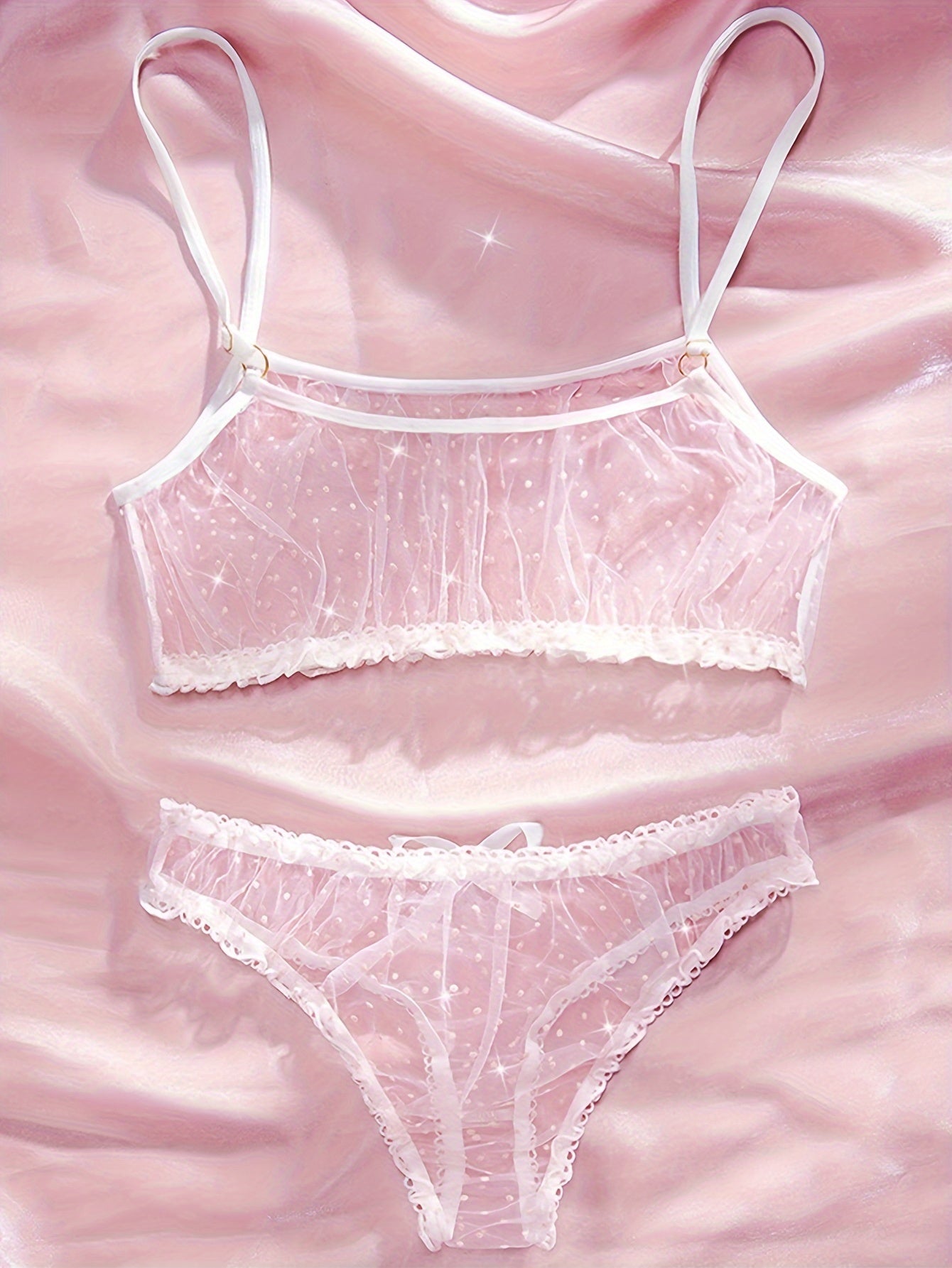 Pink Polka Dot Mesh Lingerie Set for Women