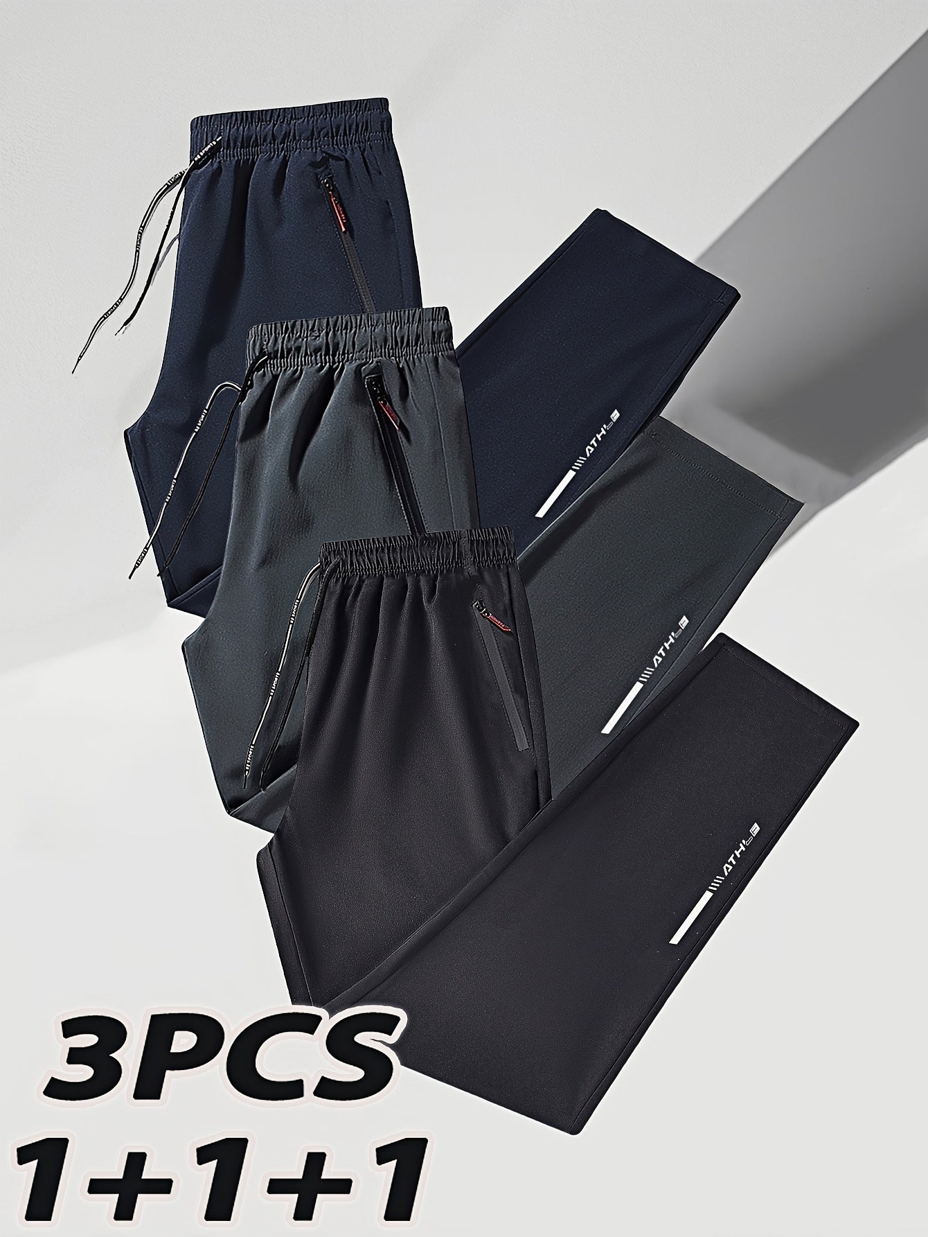 Мужские спортивные штаны большого размера из полиэстера, классическая посадка, тканый принт, застежка-молния, упаковка из 3