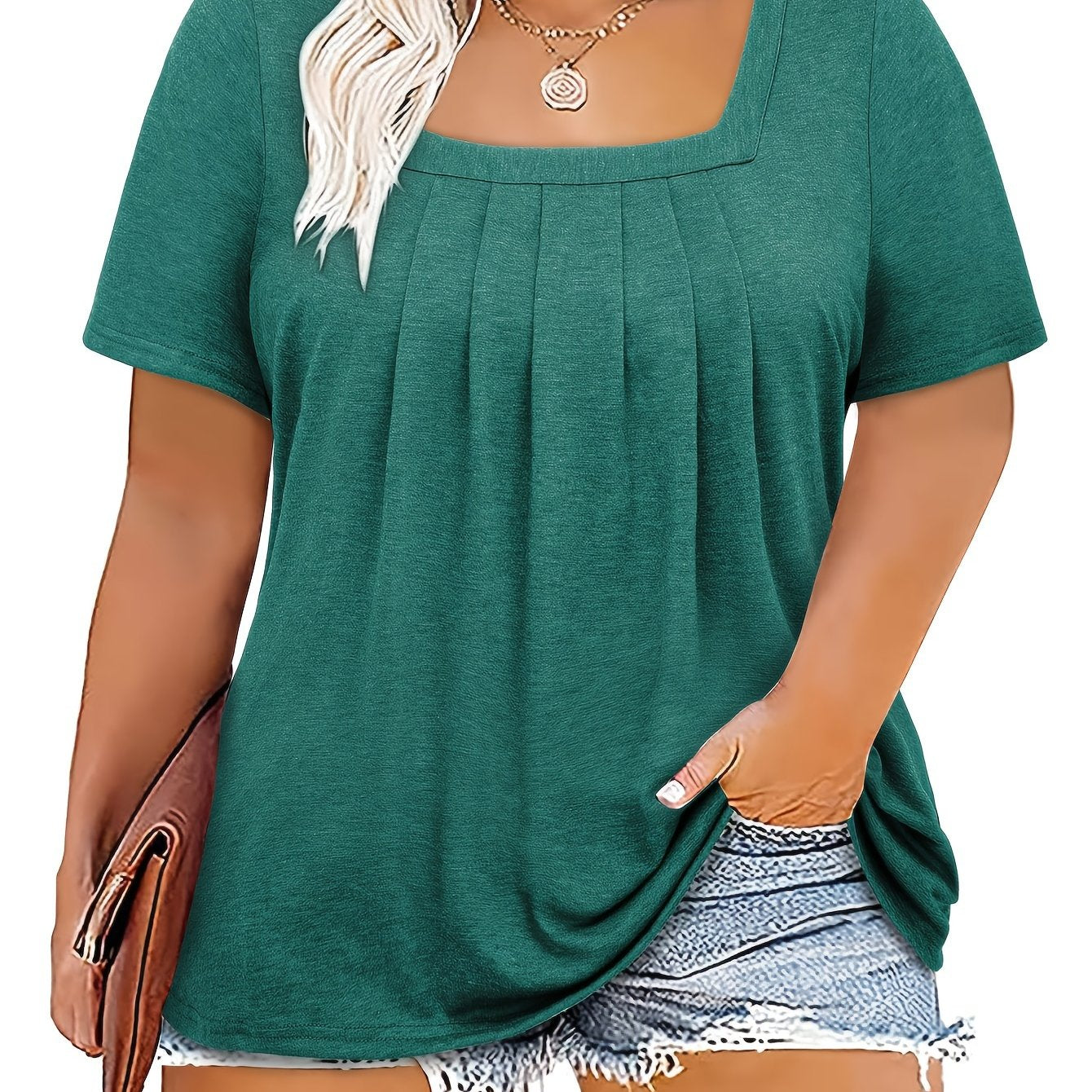 Plus Size Women's Pleated Short Sleeve Square Neck T-Shirt Spring Summer Casual Clothing