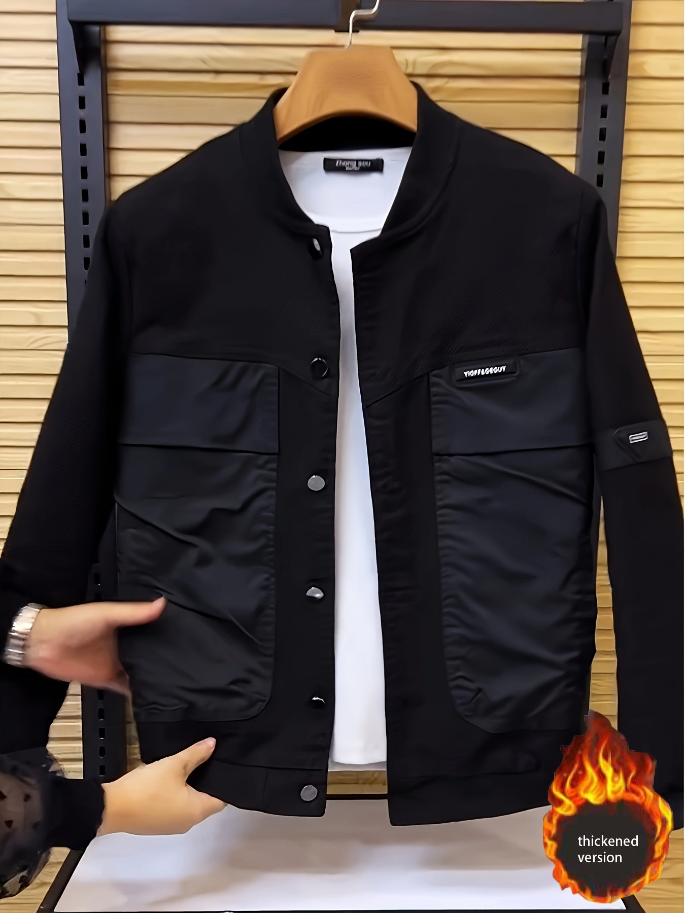 Men's Bomber Jacket Polyester Solid Color Casual Korean Style Button-Up Pockets