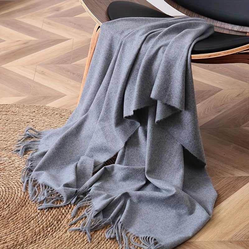 Unisex Solid Color Tassel Scarf Cashmere Feel Large Block Design Versatile Wrap