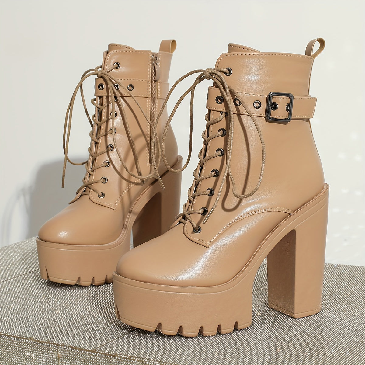 Women's Ankle Boots Round Toe Solid Color Fabric Lining Platform Heel