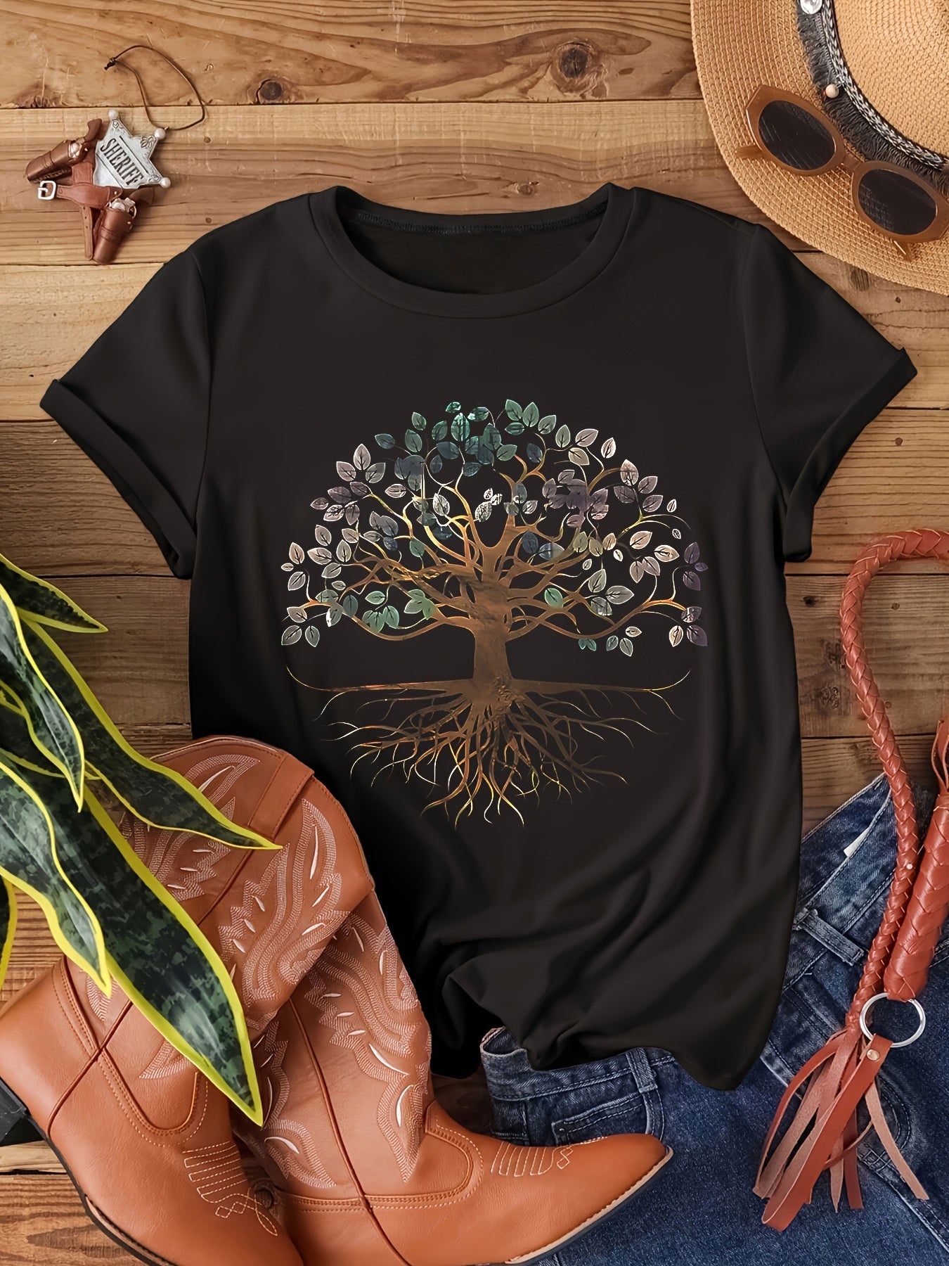 Plus Size Women's Cotton T-Shirt Black Botanical Tree Graphic Casual Top