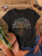 Camiseta de algodón para mujer talla grande con gráfico de árbol botánico negro y estilo casual