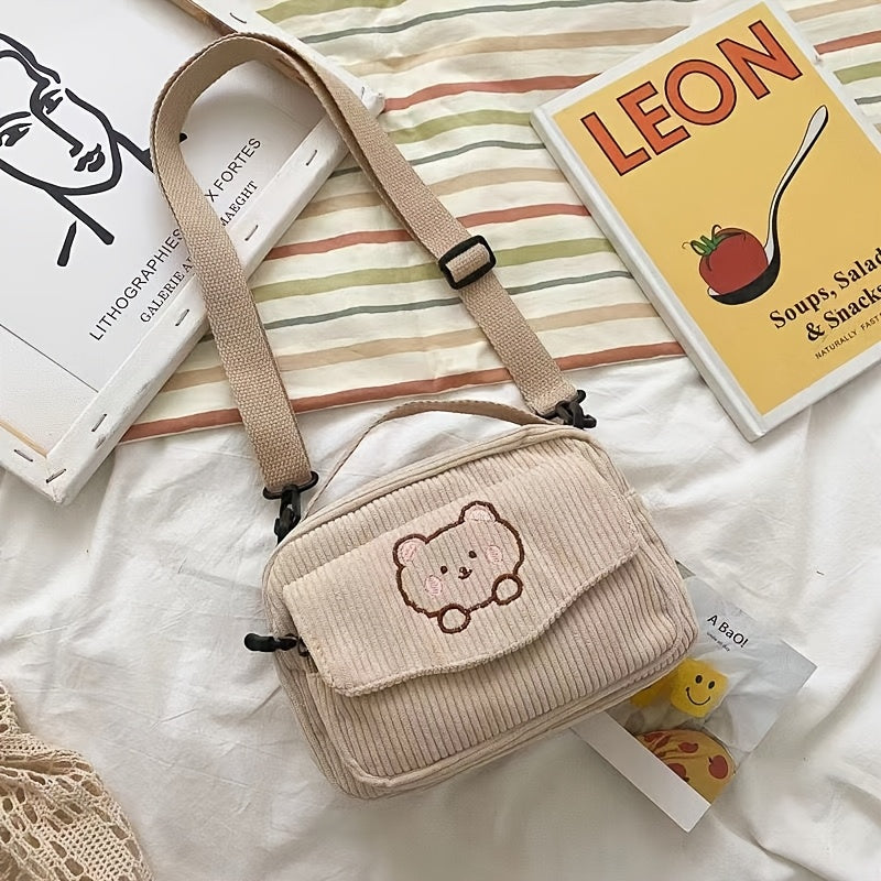 Corduroy Messenger Bag with Embroidered Cartoon Bear Removable Strap Crossbody Zipper Closure