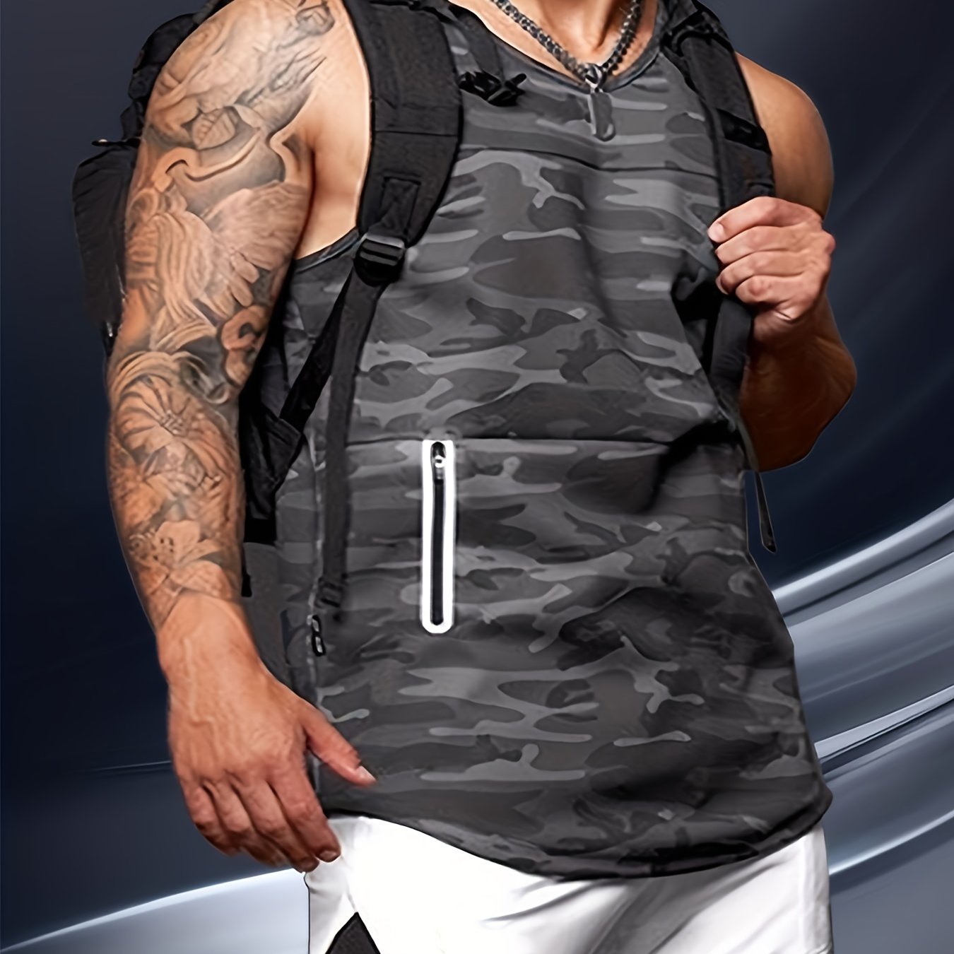 Men's Polyester Casual Sports Suit with Sleeveless Zipper Vest and Training Shorts