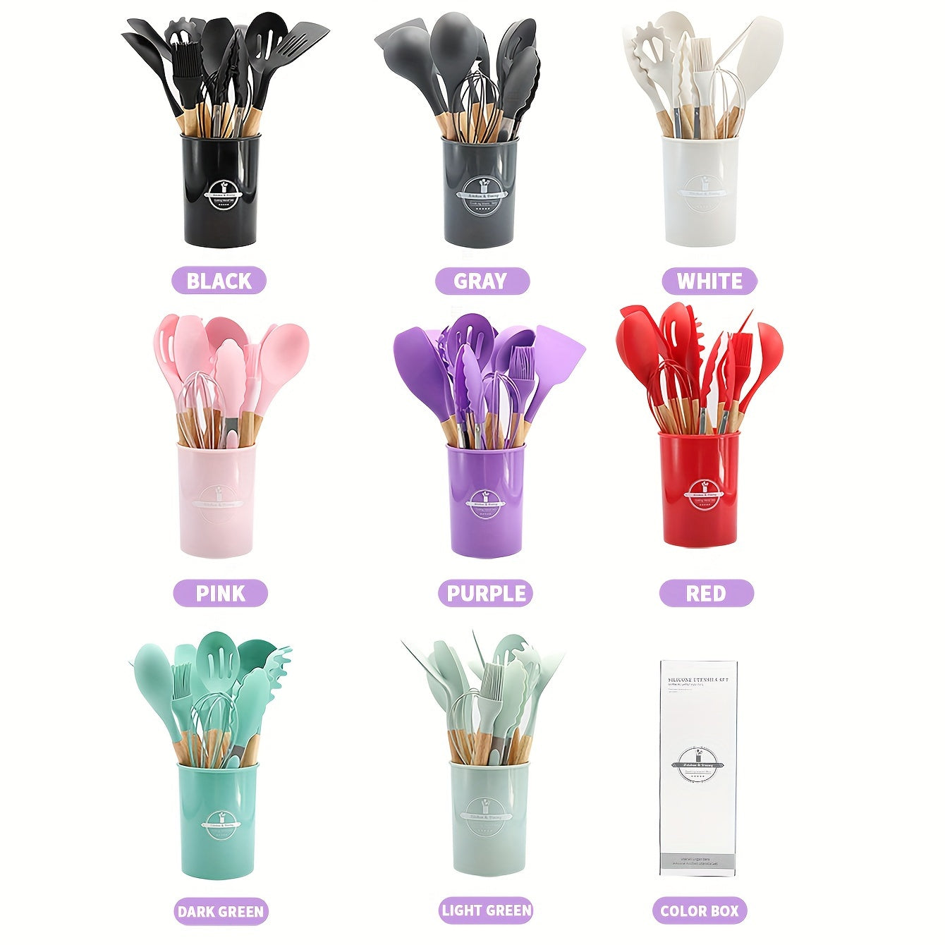 Yog'och tutqichli 11/12 ta bo'lakdan iborat oshxona buyumlari to'plami, unga Silikon non-stick qozon, pishirish qozoncha, qoshiq, saqlash qutisi va non-stick qozoncha kiradi. Yuqori sifatli oshxona asboblari va buyumlarining muhim to'plami.